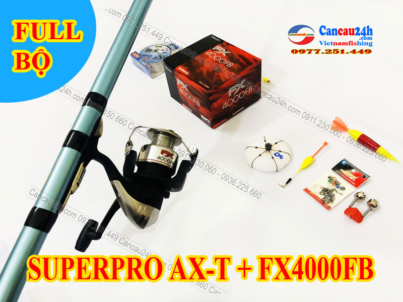 Bộ cần câu lục Superpro AX-T 360-390-420 + Máy Shimano FX4000FB Hãng