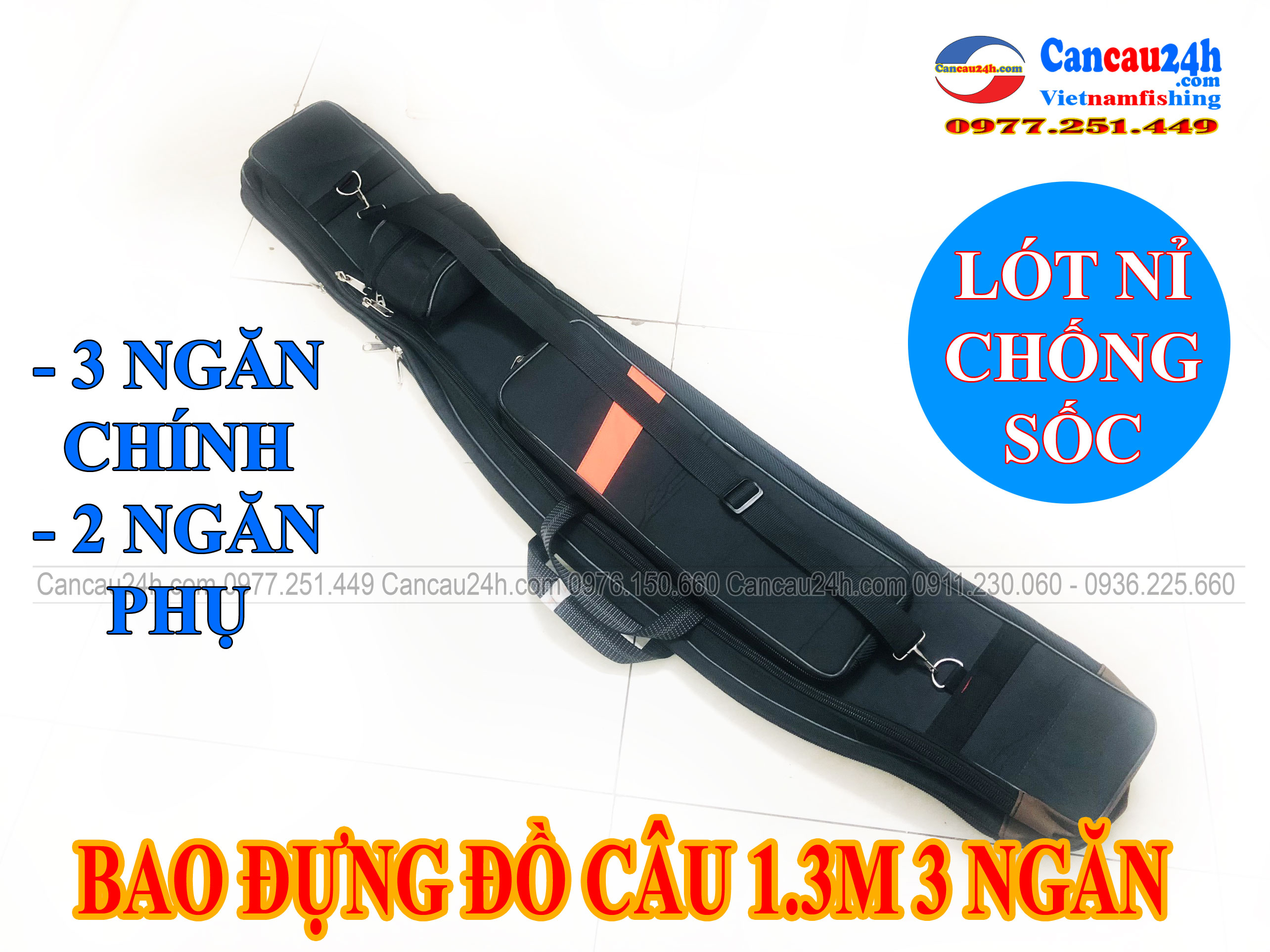 Bao đựng đồ câu cá lót mút chống sốc 3 ngăn chính 2 nagwn phụ dài 1,3m